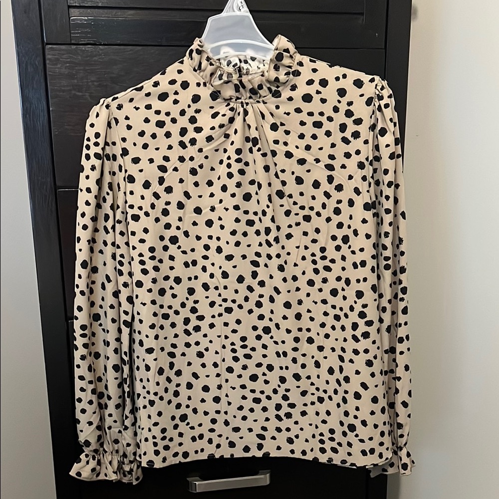 Polka Dot Ruffle Blouse - Black and Cream